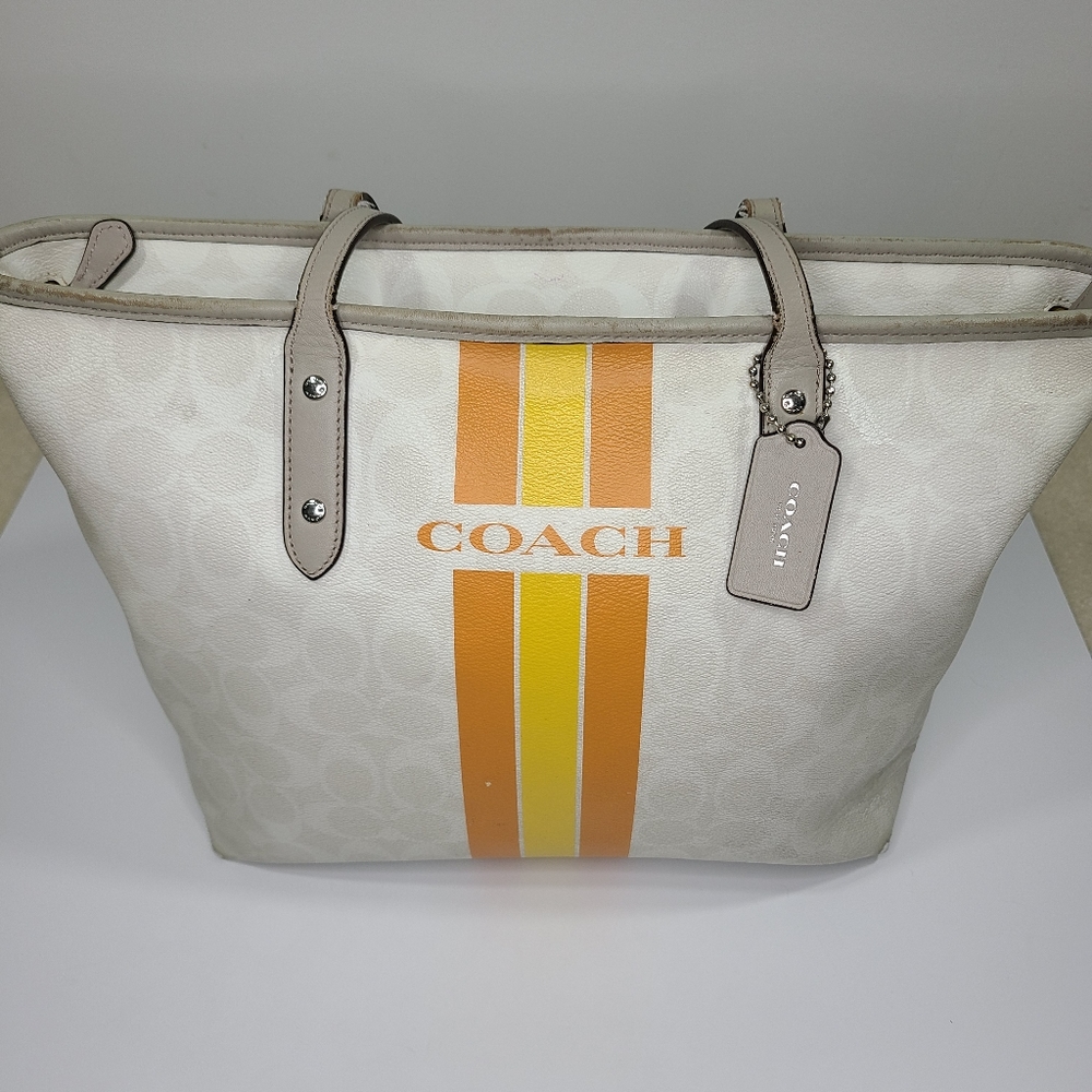 Coach Varsity Orange & Yellow Striped City Zip Tote Bag  signature coach